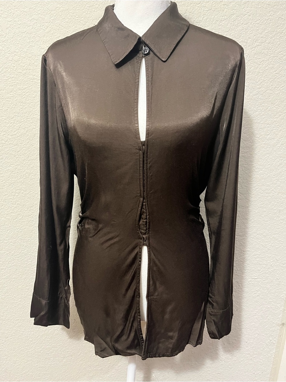 Zara Dark Brown Satin Button-Front Long Sleeve Shirt